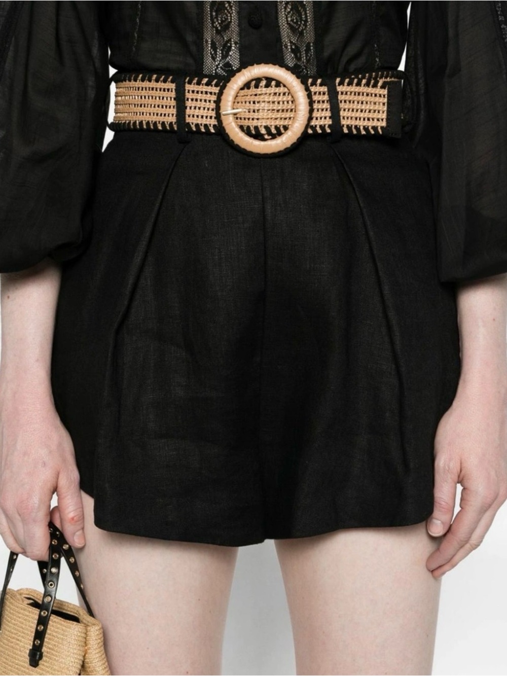 Zimmermann Black High-Waist Shorts with Woven Tan Belt